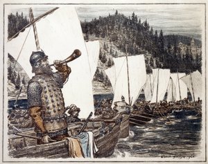 Jermak Timofejevics (kb. 1540-1585) az Irtis folyón. (Jermak Timofejevics az Irtisről). Szibéria felfedezésének és meghódításának epizódja, 1583. Appolinari Mihajlovics Vasnyecov (1856-1933) munkája, litográfia 1916. Orosz művészet, 20.