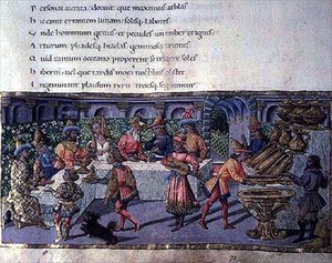 Ms 492 f.75 Bankett jelenet az Aeneisből (pergamen)