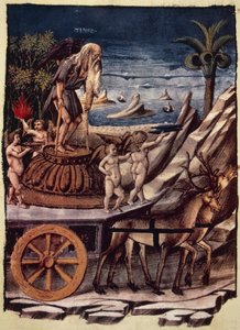 Az idő diadala, a szarvasok által vontatott idő szekere, Apollonio di Giovanni (1415 vagy 1417-kb. 1465) miniatúrája a Diadalokból, Francesco Petrarca (1304-1374) allegorikus költeménye, 1129. kézirat, 42. folio, verso, Olaszország