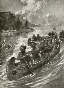 Samuel De Champlain 1608-ban a Szent Lőrinc folyón felfelé a barátságos amerikai indiánok kenuin (litho) alkotó: Archibald Bertram (after) Webb