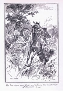 Az oroszlán ráugrott Romerre, és egy ütéssel leütötte a nyergéből, 1900. alkotó: Archibald Webb