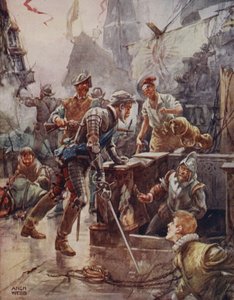 Aztán büszke sápadt ajakkal kiáltotta: "Hó! tüzér, hasítsd szét és süllyeszd el a hajót!" , a Ballads of Famous Fights első kiadásából, 1920. alkotó: Archibald Webb