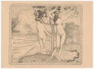 Két nő fürdik egy fa alatt a vízparton Deux baigneuses nues sous un arbre au bord de l