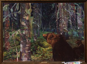 Egy medve. (Fiataljaival, tűlevelű erdőben). Arkadi (Arkady) Alekszandrovics Rylov (1870-1939) festménye, olaj, vászon