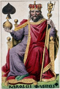 Nagy Károly ábrázolása (I. Károly Nagy Károlynak nevezte 742-814). Gustave Houbigant (1789-1862) játékkártya részlete, 19. századi Paris B.N.
