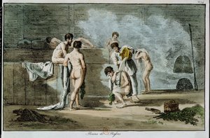Orosz férfiak a szaunában, Mores et Coutumes Russes, 1821 (színes litho)