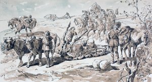 Kövekkel megrakott primitív szánkót rajzoló ökrök, 1886 alkotó: Armand Jean Heins