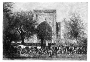 Gyűlés a mecset előtt Buharában, Üzbegisztánban, 1895. alkotó: Armand Kohl