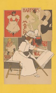 Ülő nő egy állványon, és nyomatokat néz, 1897 alkotó: Armand Rassenfosse