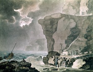 Az összeesküvők partraszállása a Cadoudal-ügyben a Biville-i sziklánál Dieppe mellett, 1804. január 16. (wc papíron) alkotó: Armand de Polignac