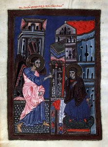 Az Angyali üdvözlet. Gábriel arkangyal meglátogatja Szűz Máriát. A Matenadaran Codex mesterének világítása (13. század), miniatűr, akvarell pergamenre