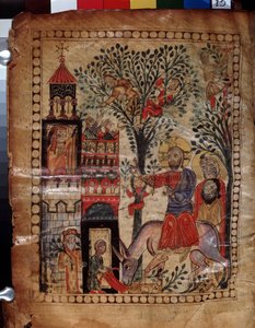 Krisztus belépése Jeruzsálembe (Izrael). A Matenadaran Codex mesterének világítása (13. század), miniatűr, akvarell pergamenre