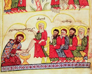 Ms 404 fol.7v Krisztus a tanítványok lábát mosva, 12-13