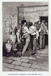 Meghívás a szicíliai párbajra a halandó „csókkal”, tulajdonképpen fülbeharapással. Arnaldo Ferraguti illusztrációja Giovanni Verga új „" Cavalleria Rusticana "-jához. 1897
