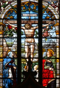 A keresztre feszítés Szűz Máriával, Szent Jánossal és Mária Magdolnával a kereszt lábánál - Arnaud de Moles (1470-1520) 1513-ban elkészült ólomüveg a Szentségi kápolnában - Cathedrale Sainte Marie d
