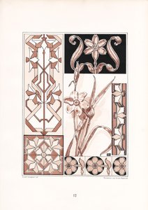Nárcisz motívumok és geometrikus díszek rózsaszín tónusokban (litográfia)