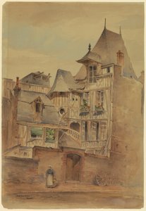 Rajz, utcai jelenet középkori házakkal, 1885 körül.