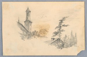 Vázlat a templomtoronyról és a tetőről alkotó: Arnold William Brunner