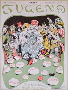 Tojástánc, rajzfilm az első hágai békekonferenciáról, a német Jugend folyóiratból, 1899. július 29. alkotó: Arpad Schmidhammer