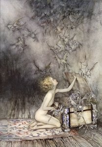 Pandora szelencéjének felnyitása, jelenet az Egy csodakönyvből, Nathaniel Hawthorne (színes litó)