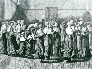Shakers at a Meeting: the Religious Dance, illusztráció a The Graphic-ból, megjelent 1870. május 14. alkotó: Arthur Boyd Houghton