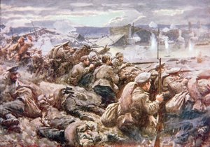 Hősies orosz utóvédakció a nagy lengyel visszavonulásban (színes litho)