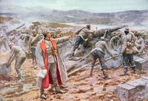 Szerb tüzérség akcióban az osztrákok ellen (színes litho)