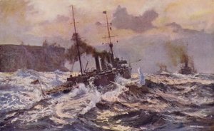 Az ausztrál haditengerészet hadihajói elhagyják Sydney kikötőjét (színes litho) alkotó: Arthur C. Burgess