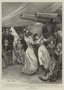 A Channel Squadron látogatása Cadizban, két spanyol hölgy Sevillanát táncol egy otthon a hajó fedélzetén