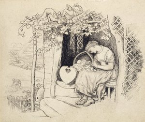 By the Cradle (toll és tinta grafitra) alkotó: Arthur Hughes