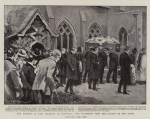 Lady Salisbury temetése Hatfieldben, körmenet a templomtól a sírig (litho)