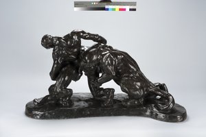 Harcba zárt férfi oroszlánkölyökkel (bronz) alkotó: Arthur Putnam