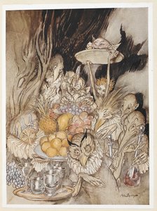 III. FELvonás: III. jelenet, 19. sor Lépj be több furcsa alakzatba, és hozz be egy bankettet... a király meghívása stb. alkotó: Arthur Rackham