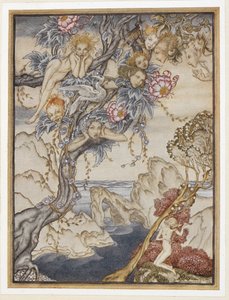 III. FELVONÁS: II. jelenet, 144. sor A sziget tele van zajokkal, hangokkal és édes levegővel, amelyek örömet okoznak és nem bántanak. alkotó: Arthur Rackham
