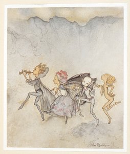 IV. FELvonás: I. jelenet, 46. sor Mindegyik megbotlik a lábujjában, Itt lesz felmosóval és kaszálással. Nimfák. alkotó: Arthur Rackham