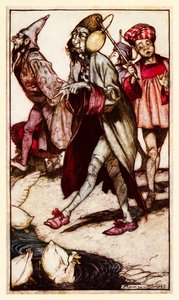 Egy laputi úriember sétál a III. részből: Utazás Laputába stb. a Gullivers Travels-ben, Jonathan Swift alkotó: Arthur Rackham