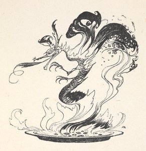 Egy sárkány kibújik egy tányér égő pénzből alkotó: Arthur Rackham