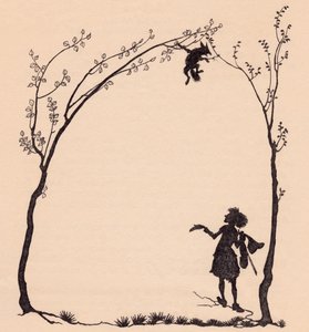 Egy róka a mancsainál fogva két mogyorófához kötözve. Illusztráció: Arthur Rackham a Grimm meséjéből, A csodálatos zenészből. alkotó: Arthur Rackham