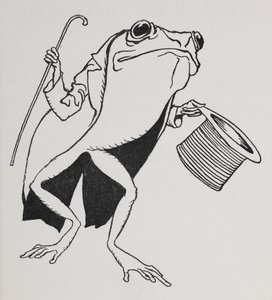 Egy cilindert és farkát viselő béka botot cipel. alkotó: Arthur Rackham