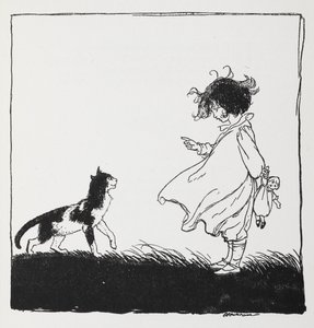 Egy babás lány elmondja a macskáját. alkotó: Arthur Rackham