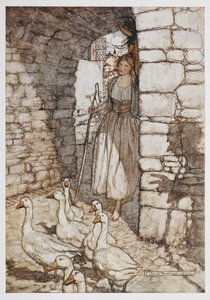 Egy lány libákkal. alkotó: Arthur Rackham