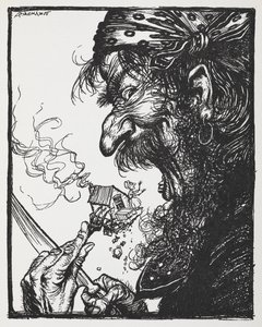 Egy nagydarab férfi eszik egy apró hölgyet és a házát. alkotó: Arthur Rackham