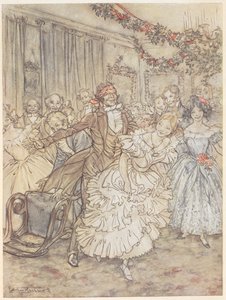 Egy vak ember blöfföt játszó parti. Egy bekötött szemű férfi fodros ruhás nőt üldöz alkotó: Arthur Rackham