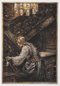 Egy békát cipelő hercegnő a Békahercegből. alkotó: Arthur Rackham