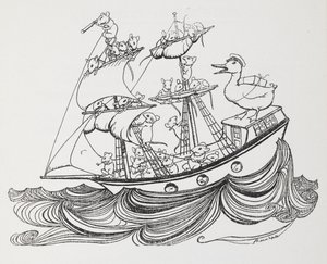 Egy hajó, amelynek legénysége egerek, kapitánya pedig egy kacsa. alkotó: Arthur Rackham