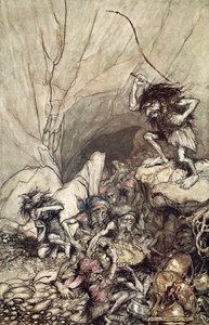 „Alberich a Nibelungok csapatában hajt arany- és ezüstkincsekkel”, 1910. alkotó: Arthur Rackham