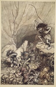Albrech behajtja a nibelungok arany- és ezüstkincsekkel teli csapatát, a "Rajnai arany és a walkür" című regényből. alkotó: Arthur Rackham