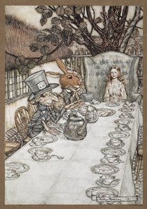 Alice az Őrült Kalapos Tea Party-n a Március nyúllal, a Dormouse-szal és az Őrült kalapossal alkotó: Arthur Rackham
