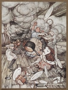 Alice egy konyhában a hercegnővel, egy szakácsnővel és a Cheshire macskával alkotó: Arthur Rackham