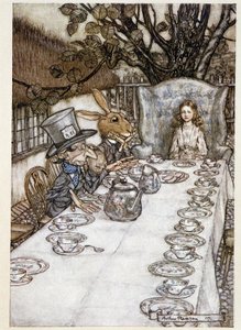 Alice elviszi a „” a bolondokban”” (A kalapos és a Mars Lievre) - a „” Alice kalandjai Csodaországban” című filmben”, Lewis Carroll, ill. Írta: Arthur Rackham (1867-1939) alkotó: Arthur Rackham